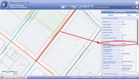NavigateLA webpage with selected street segment designation circled in red.