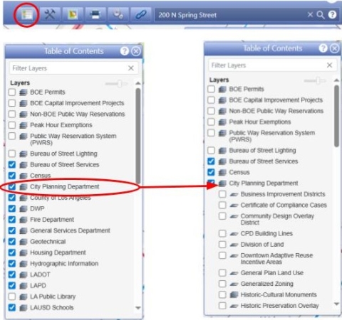 NavigateLA search bar with the Table of Contents button circled in red. Table of Contents screenshot with City Planning Department circled in red. Red arrow showing expanded section.