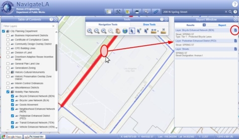 NavigateLA webpage with drawn red circle selecting all network layers. Arrow pointing to Results window. Red circle indicating Report button next to Layer name.